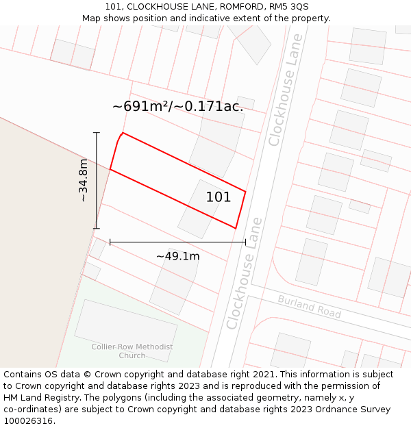 101, CLOCKHOUSE LANE, ROMFORD, RM5 3QS: Plot and title map