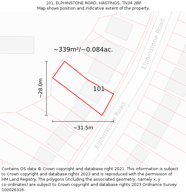 101, ELPHINSTONE ROAD, HASTINGS, TN34 2BP: Plot and title map