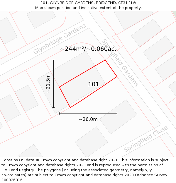 101, GLYNBRIDGE GARDENS, BRIDGEND, CF31 1LW: Plot and title map