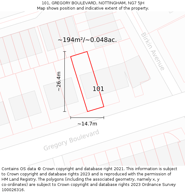 101, GREGORY BOULEVARD, NOTTINGHAM, NG7 5JH: Plot and title map