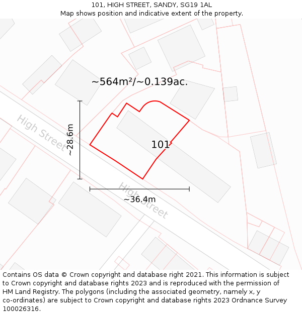 101, HIGH STREET, SANDY, SG19 1AL: Plot and title map