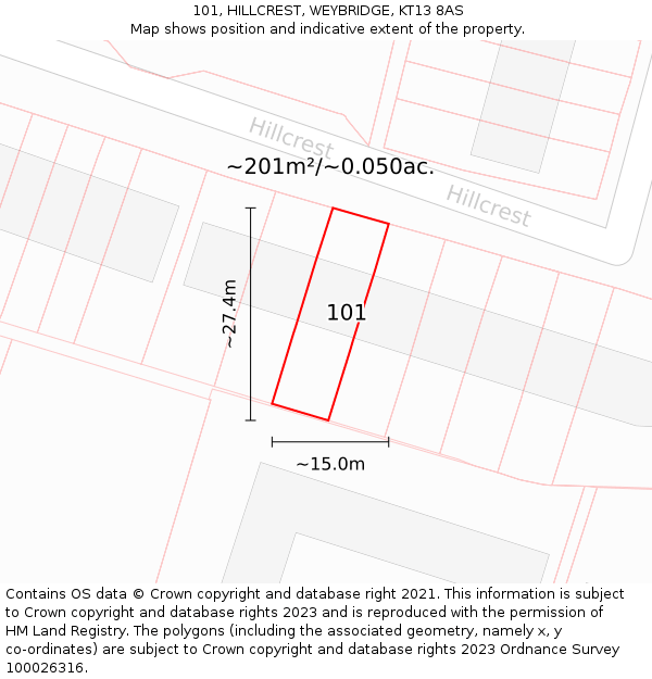 101, HILLCREST, WEYBRIDGE, KT13 8AS: Plot and title map