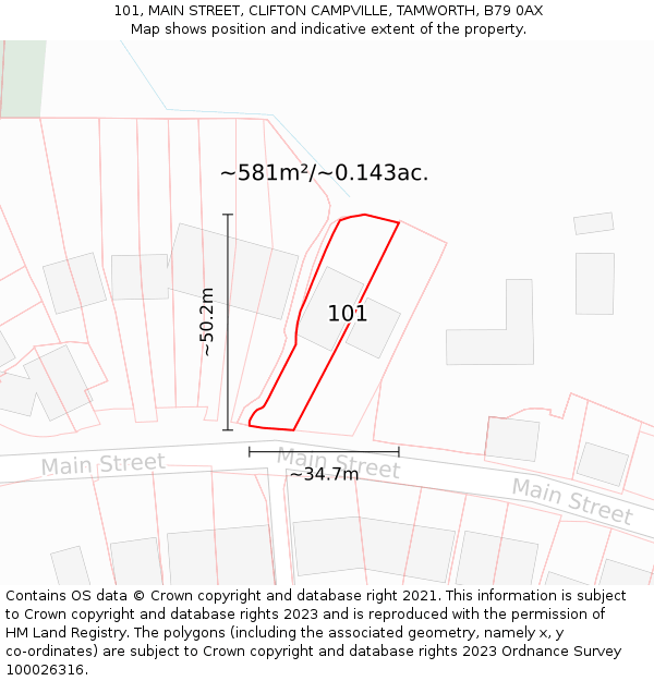 101, MAIN STREET, CLIFTON CAMPVILLE, TAMWORTH, B79 0AX: Plot and title map