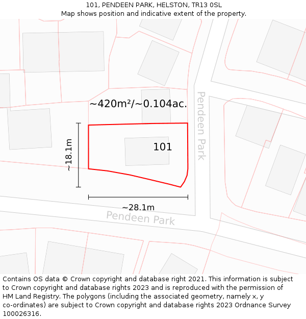 101, PENDEEN PARK, HELSTON, TR13 0SL: Plot and title map