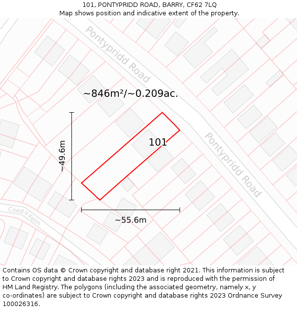 101, PONTYPRIDD ROAD, BARRY, CF62 7LQ: Plot and title map