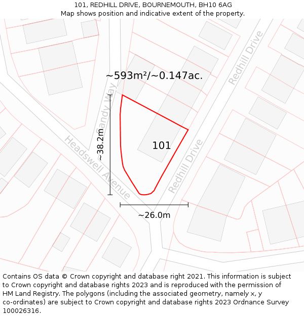 101, REDHILL DRIVE, BOURNEMOUTH, BH10 6AG: Plot and title map