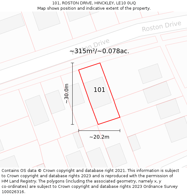 101, ROSTON DRIVE, HINCKLEY, LE10 0UQ: Plot and title map