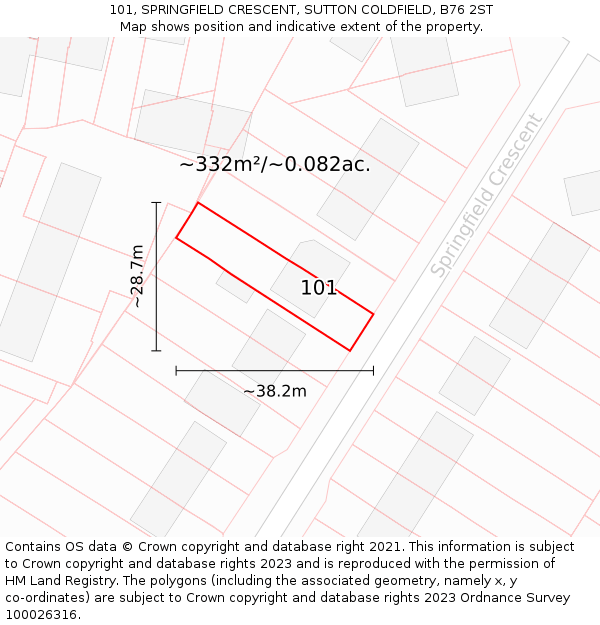 101, SPRINGFIELD CRESCENT, SUTTON COLDFIELD, B76 2ST: Plot and title map