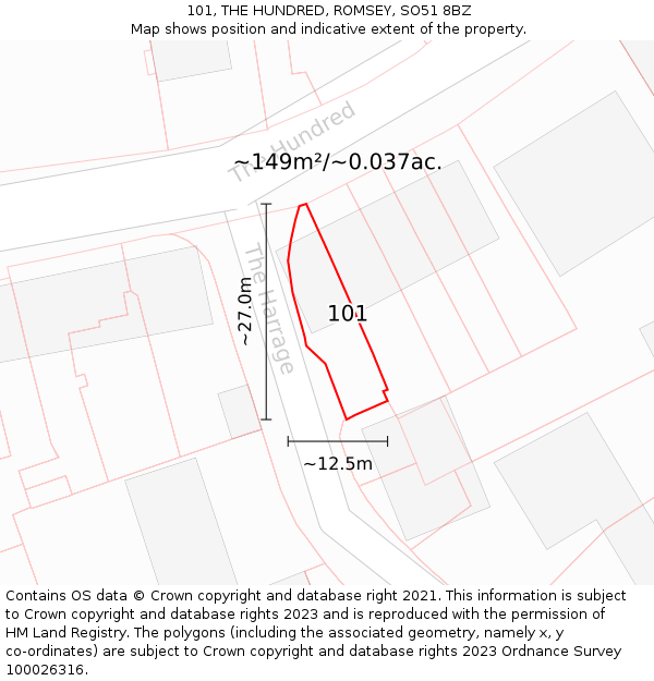 101, THE HUNDRED, ROMSEY, SO51 8BZ: Plot and title map