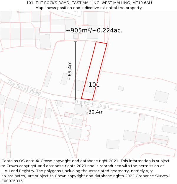 101, THE ROCKS ROAD, EAST MALLING, WEST MALLING, ME19 6AU: Plot and title map