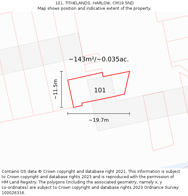 101, TITHELANDS, HARLOW, CM19 5ND: Plot and title map