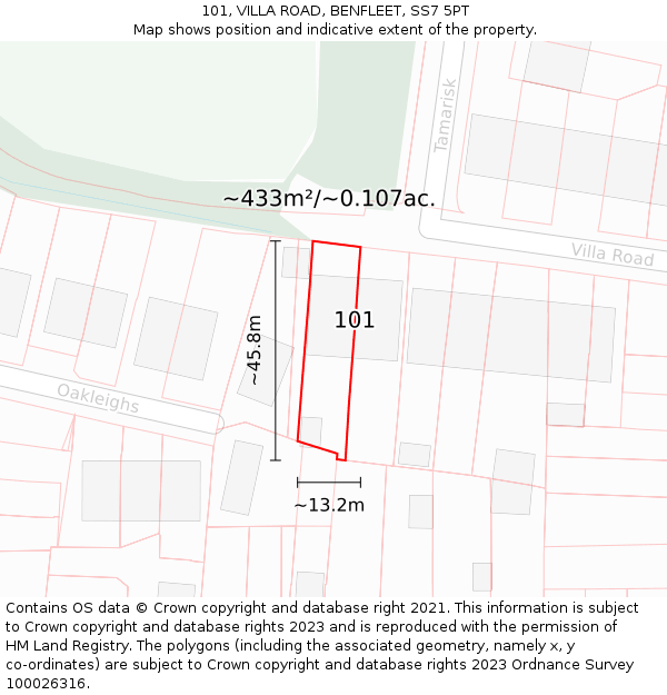 101, VILLA ROAD, BENFLEET, SS7 5PT: Plot and title map