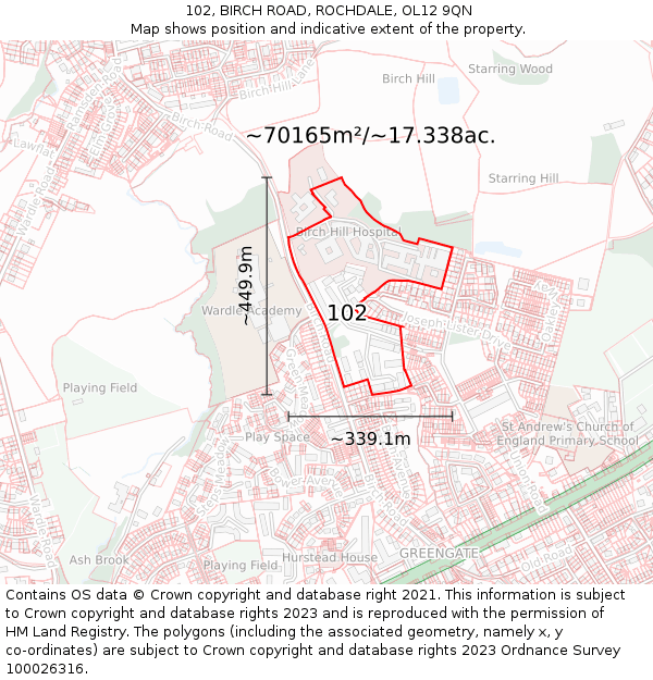 102, BIRCH ROAD, ROCHDALE, OL12 9QN: Plot and title map