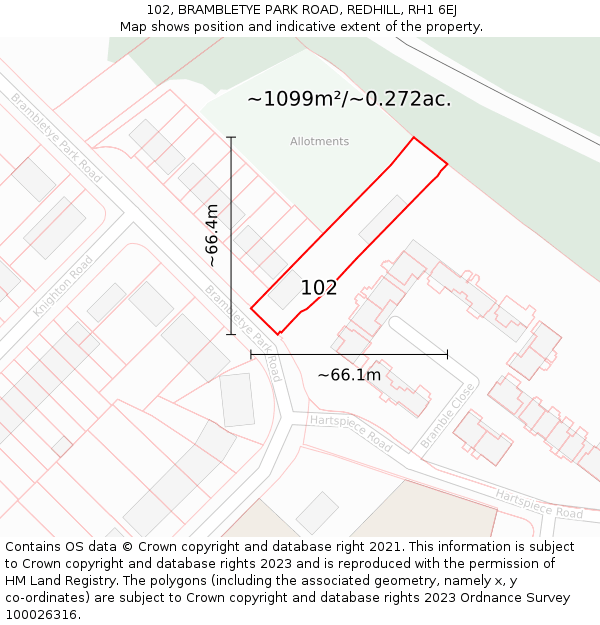 102, BRAMBLETYE PARK ROAD, REDHILL, RH1 6EJ: Plot and title map