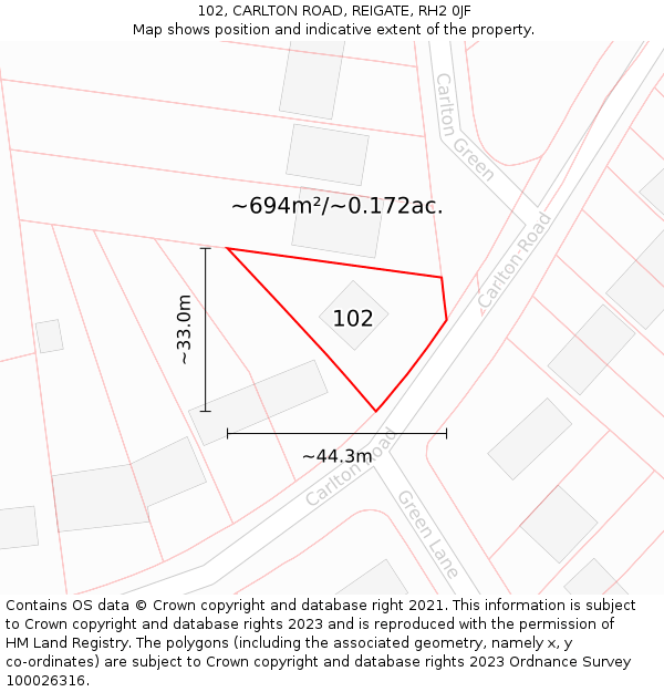 102, CARLTON ROAD, REIGATE, RH2 0JF: Plot and title map