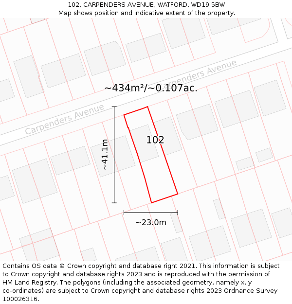 102, CARPENDERS AVENUE, WATFORD, WD19 5BW: Plot and title map