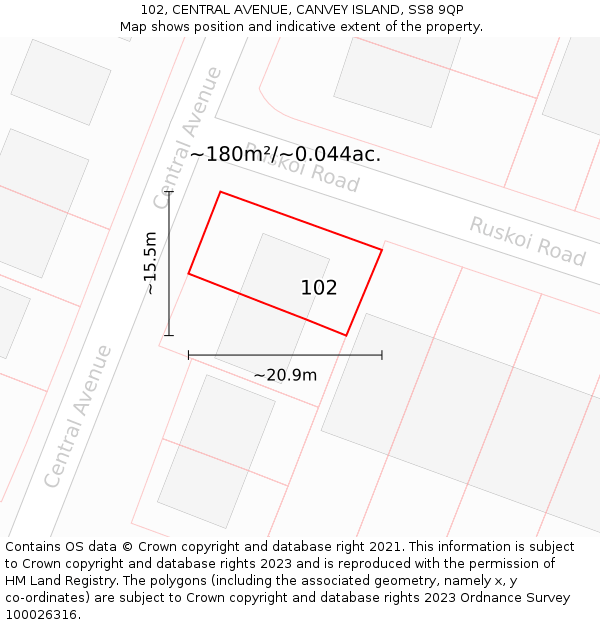 102, CENTRAL AVENUE, CANVEY ISLAND, SS8 9QP: Plot and title map