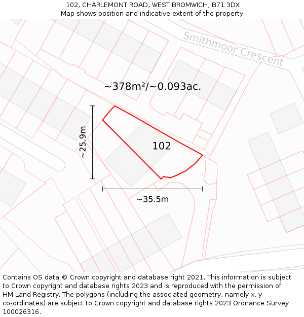 102, CHARLEMONT ROAD, WEST BROMWICH, B71 3DX: Plot and title map