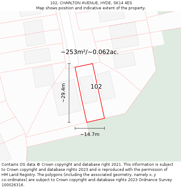 102, CHARLTON AVENUE, HYDE, SK14 4ES: Plot and title map