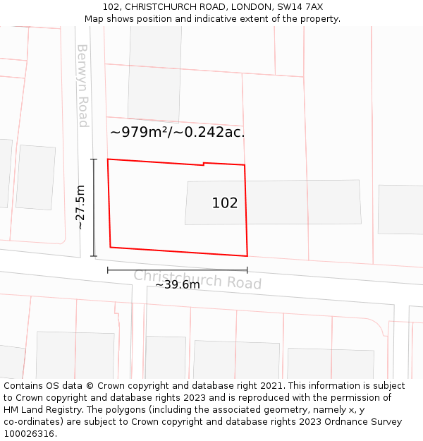 102, CHRISTCHURCH ROAD, LONDON, SW14 7AX: Plot and title map