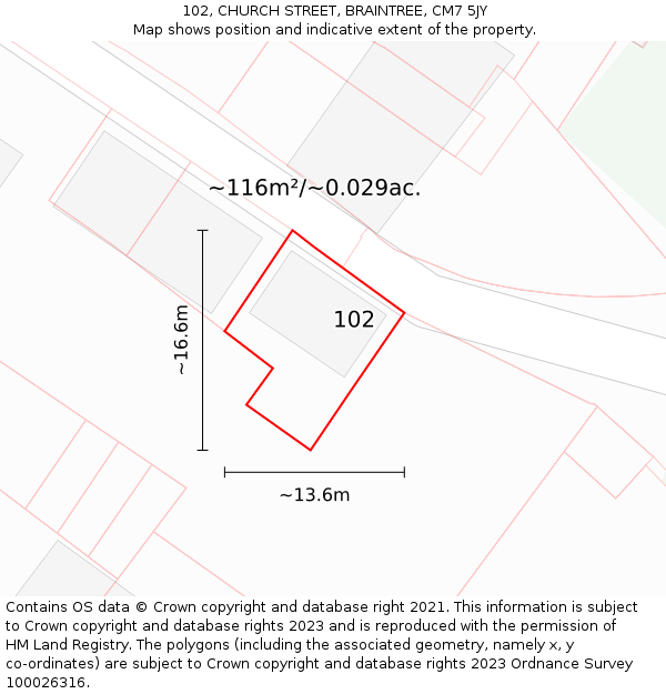 102, CHURCH STREET, BRAINTREE, CM7 5JY: Plot and title map