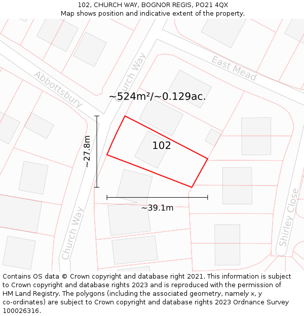 102, CHURCH WAY, BOGNOR REGIS, PO21 4QX: Plot and title map