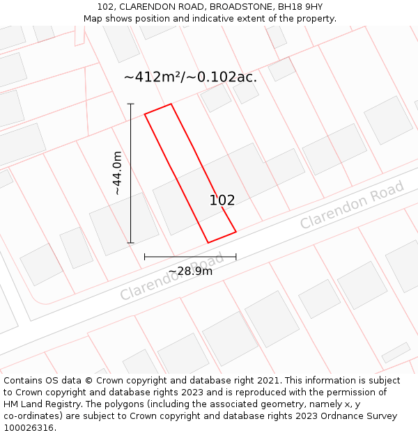 102, CLARENDON ROAD, BROADSTONE, BH18 9HY: Plot and title map