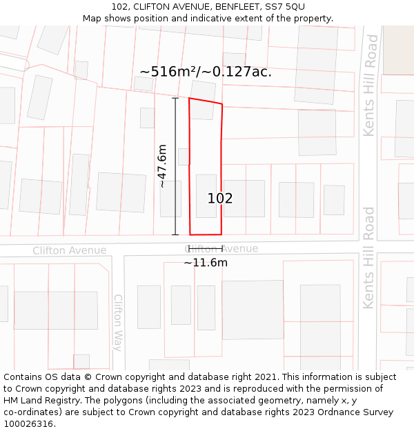 102, CLIFTON AVENUE, BENFLEET, SS7 5QU: Plot and title map