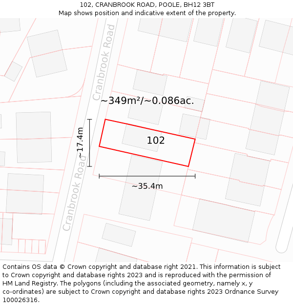 102, CRANBROOK ROAD, POOLE, BH12 3BT: Plot and title map