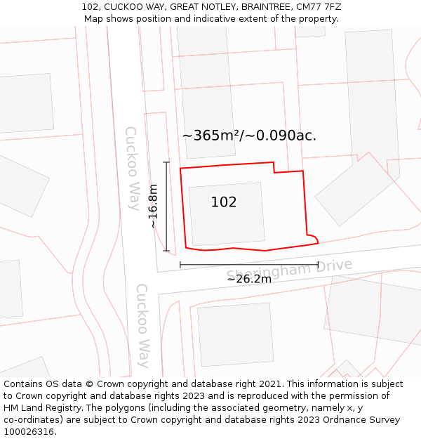 102, CUCKOO WAY, GREAT NOTLEY, BRAINTREE, CM77 7FZ: Plot and title map