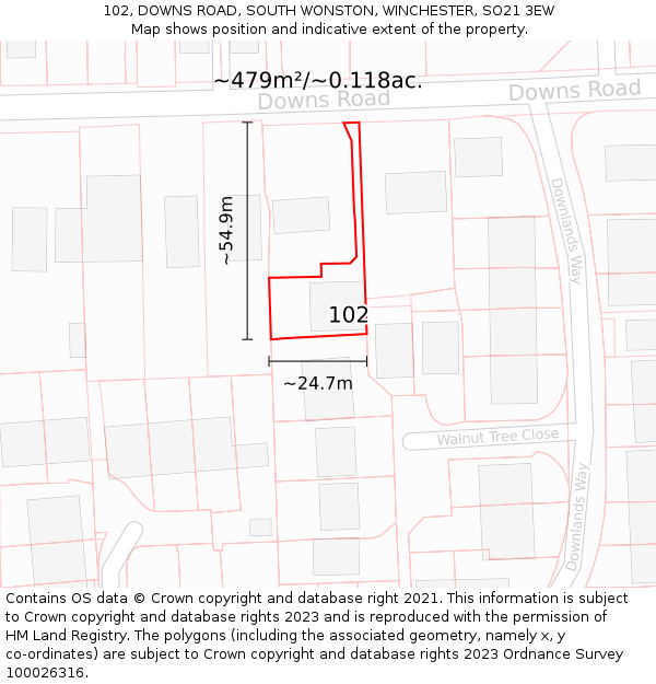 102, DOWNS ROAD, SOUTH WONSTON, WINCHESTER, SO21 3EW: Plot and title map