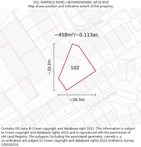 102, FAIRFIELD ROAD, HECKMONDWIKE, WF16 9NZ: Plot and title map