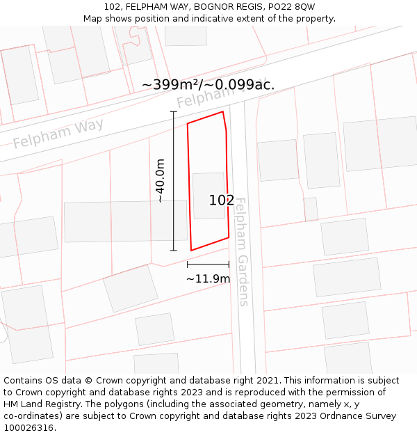 102, FELPHAM WAY, BOGNOR REGIS, PO22 8QW: Plot and title map