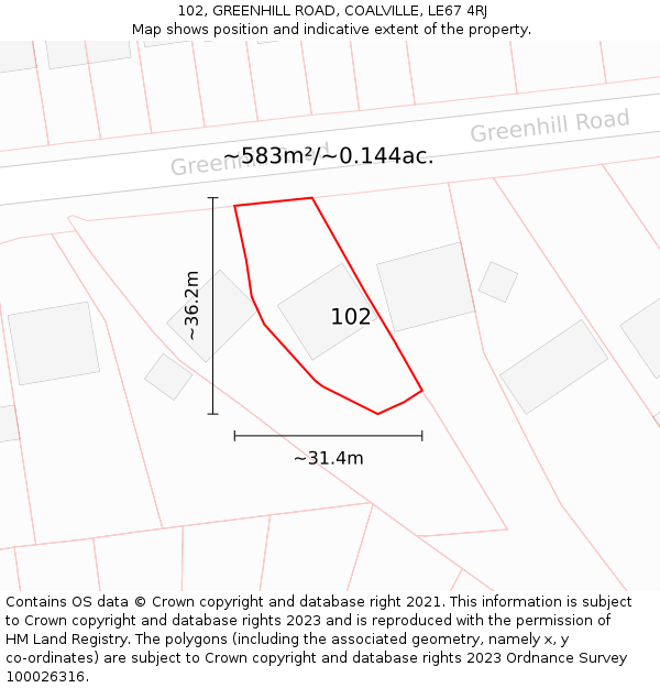 102, GREENHILL ROAD, COALVILLE, LE67 4RJ: Plot and title map
