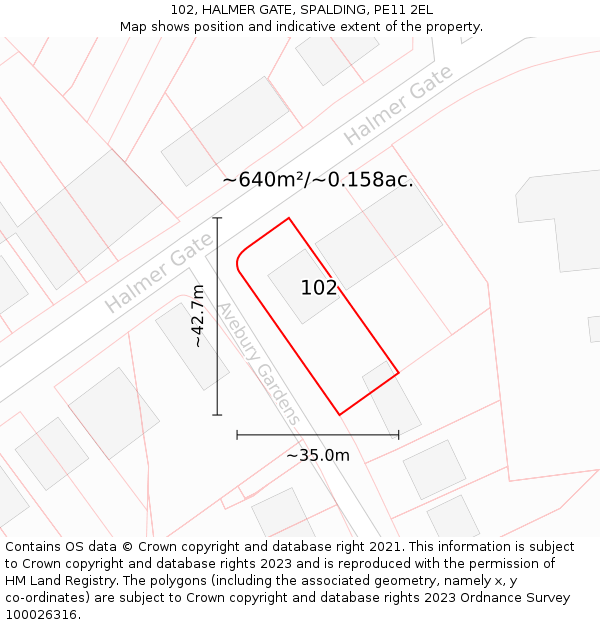 102, HALMER GATE, SPALDING, PE11 2EL: Plot and title map