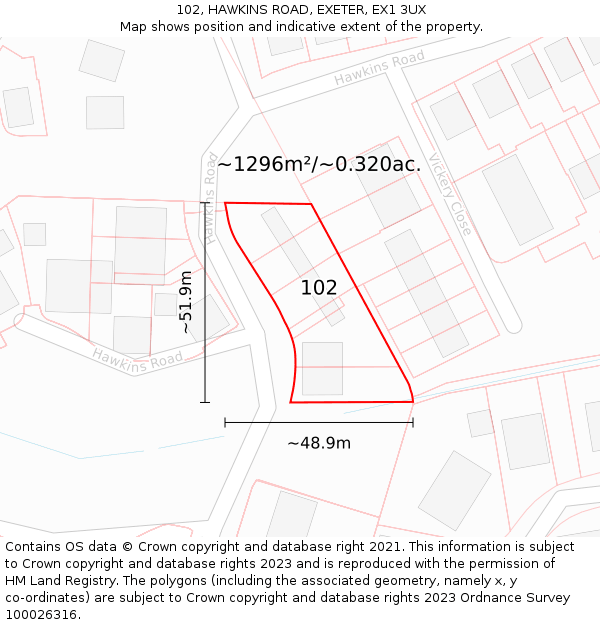 102, HAWKINS ROAD, EXETER, EX1 3UX: Plot and title map