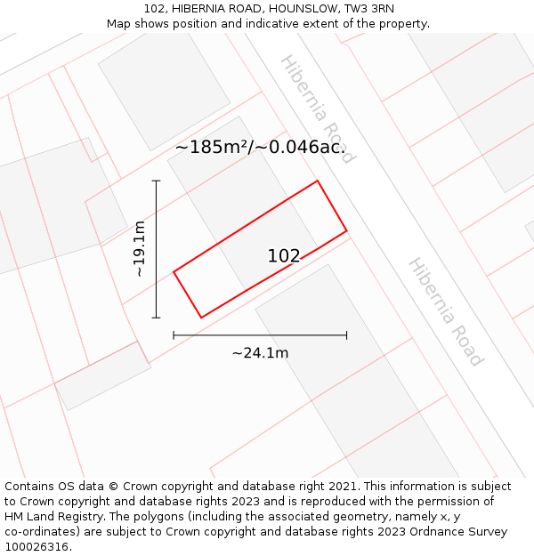 102, HIBERNIA ROAD, HOUNSLOW, TW3 3RN: Plot and title map