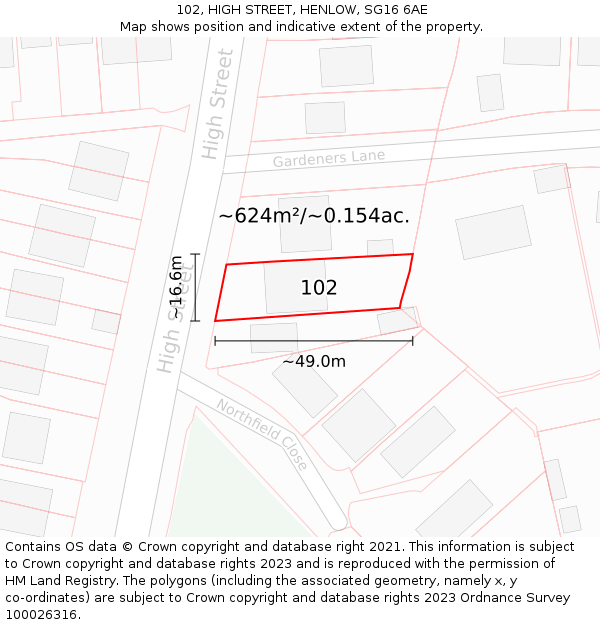 102, HIGH STREET, HENLOW, SG16 6AE: Plot and title map