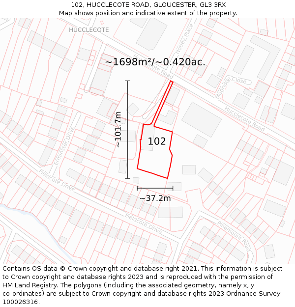 102, HUCCLECOTE ROAD, GLOUCESTER, GL3 3RX: Plot and title map