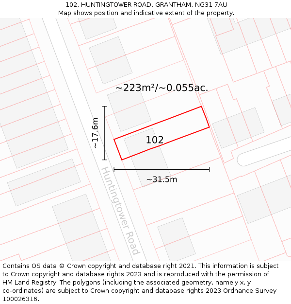 102, HUNTINGTOWER ROAD, GRANTHAM, NG31 7AU: Plot and title map