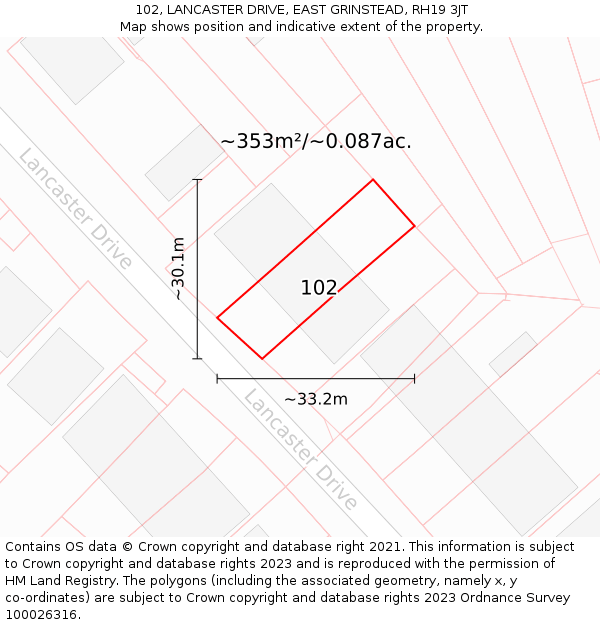 102, LANCASTER DRIVE, EAST GRINSTEAD, RH19 3JT: Plot and title map