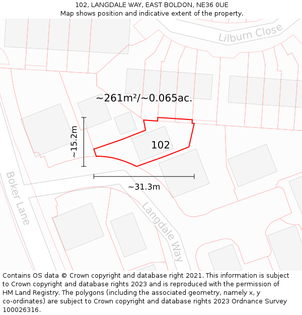 102, LANGDALE WAY, EAST BOLDON, NE36 0UE: Plot and title map