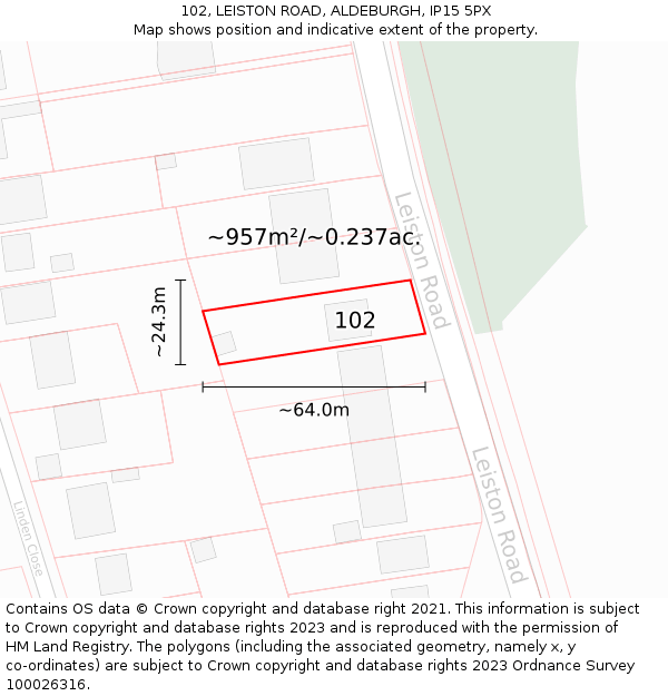 102, LEISTON ROAD, ALDEBURGH, IP15 5PX: Plot and title map