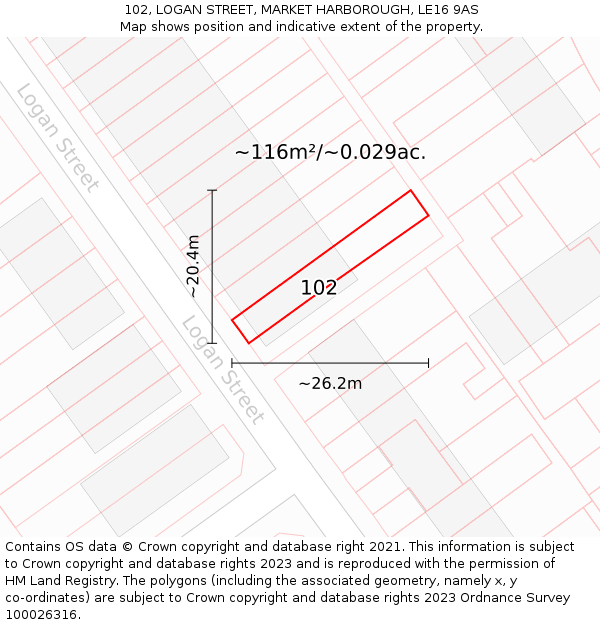 102, LOGAN STREET, MARKET HARBOROUGH, LE16 9AS: Plot and title map