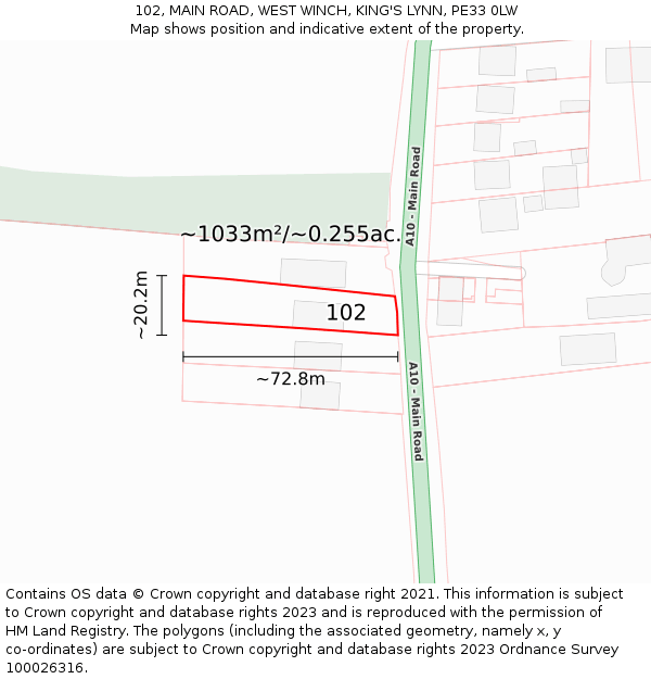 102, MAIN ROAD, WEST WINCH, KING'S LYNN, PE33 0LW: Plot and title map