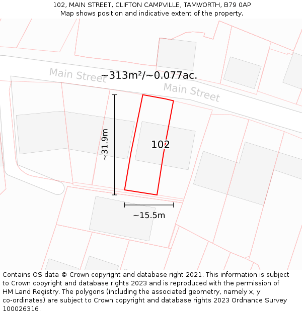 102, MAIN STREET, CLIFTON CAMPVILLE, TAMWORTH, B79 0AP: Plot and title map