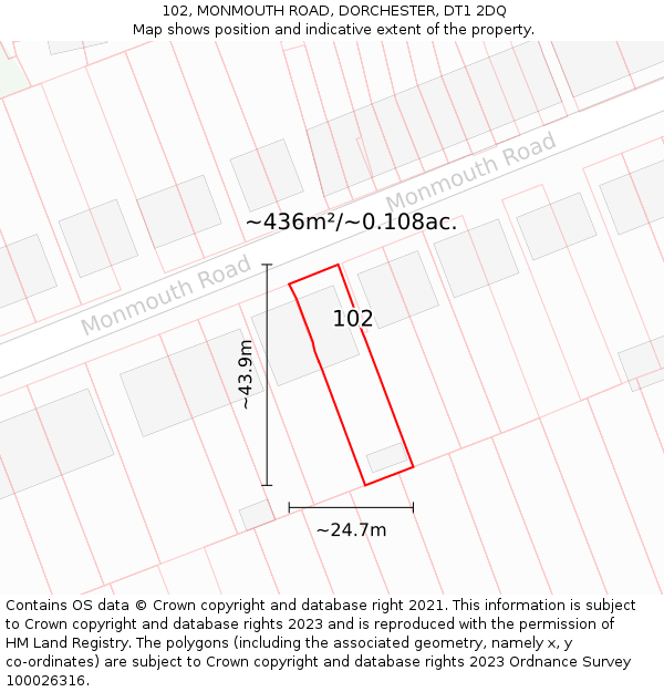 102, MONMOUTH ROAD, DORCHESTER, DT1 2DQ: Plot and title map