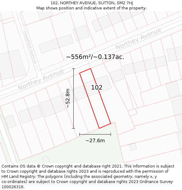 102, NORTHEY AVENUE, SUTTON, SM2 7HJ: Plot and title map