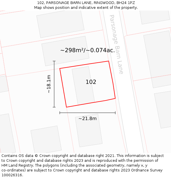 102, PARSONAGE BARN LANE, RINGWOOD, BH24 1PZ: Plot and title map