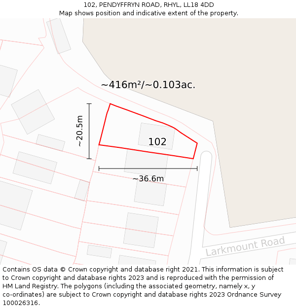 102, PENDYFFRYN ROAD, RHYL, LL18 4DD: Plot and title map